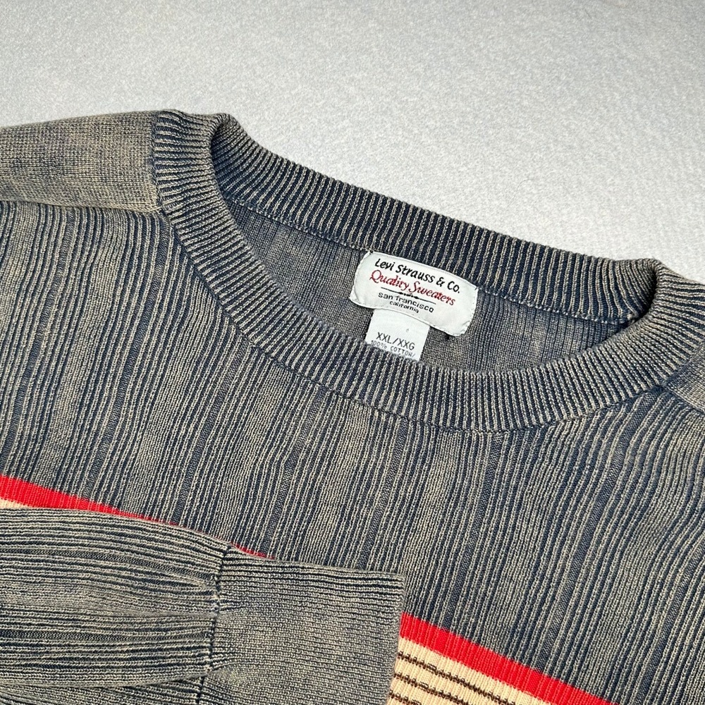Levi Strauss & Co Mens XXL Gray Ribbed Knit Cotton Sweater Red Stripe Crewneck